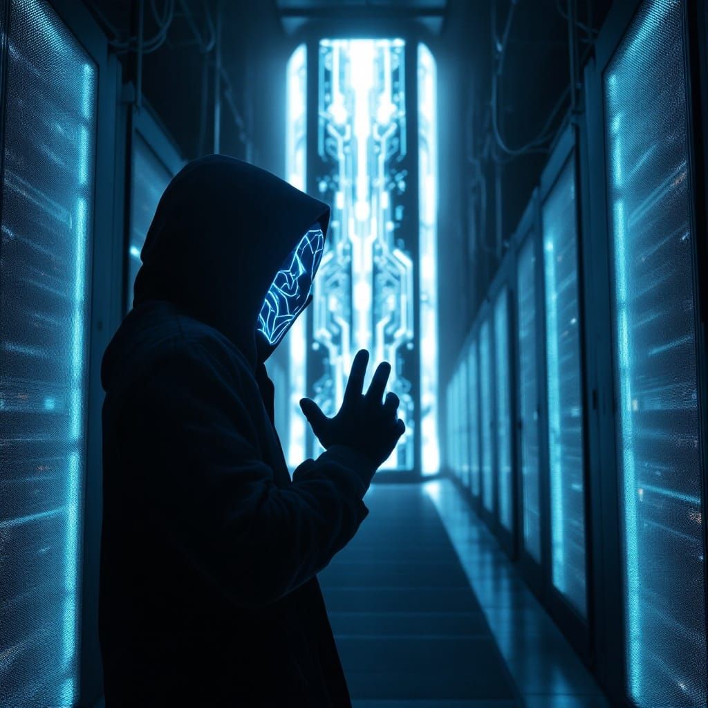 Cyberpunk Hacker Amidst a Sea of Luminous Servers in Dimly L...