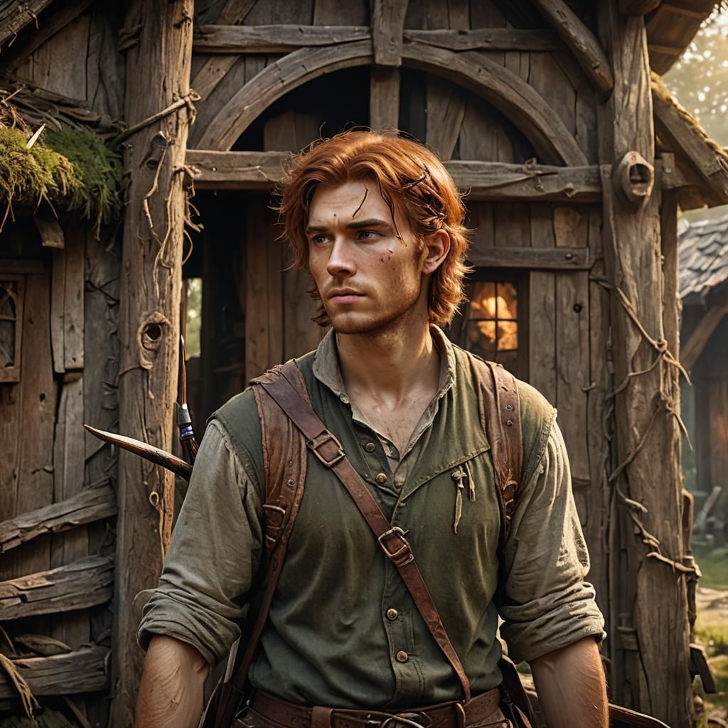 Auburn Archer in Misty Forest, Art Nouveau Painting