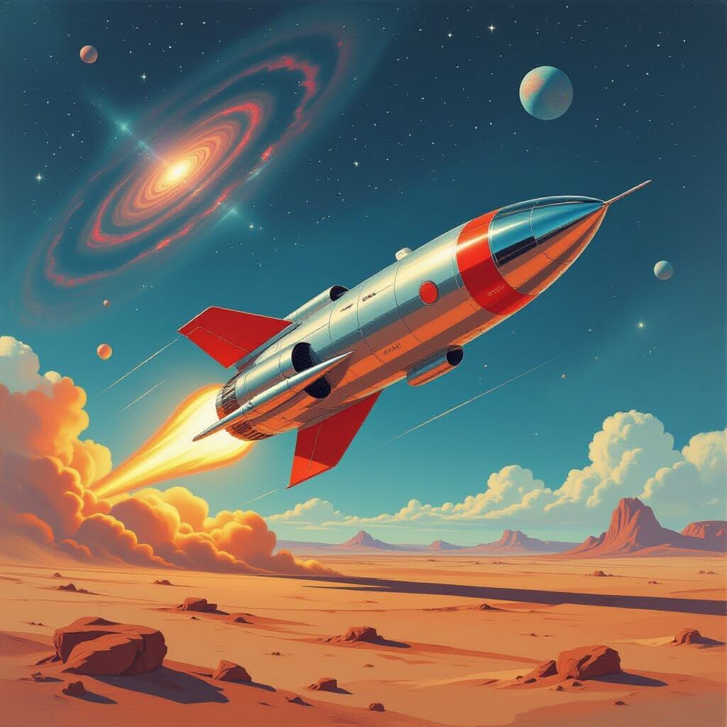 Retro-Futuristic Rocket Launch in Sci-Fi Art Style