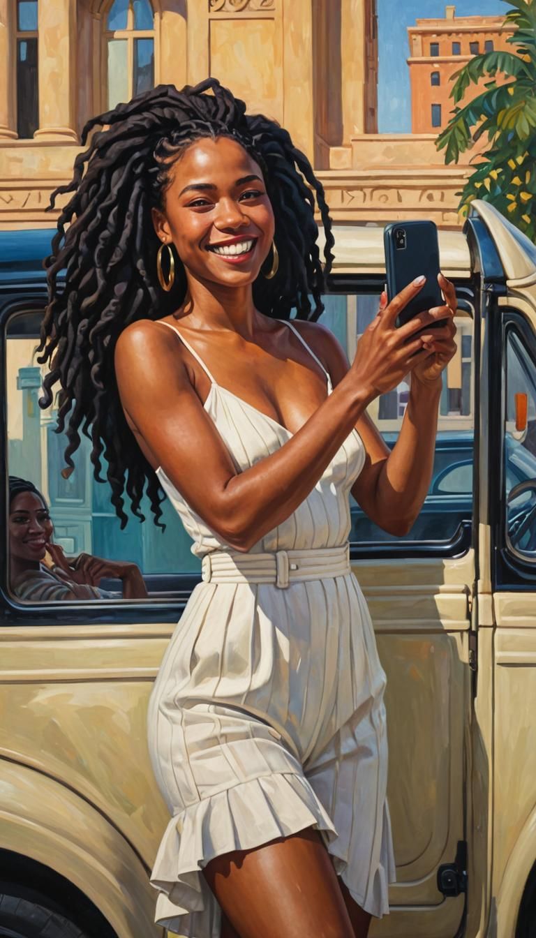 Smiling Woman in Uber: Classic Art Deco Oil Painting