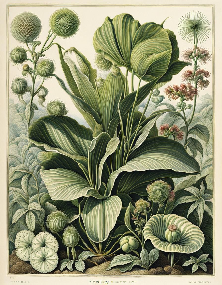 Botanical Ink Drawing of Flowers and Venus Flytrap