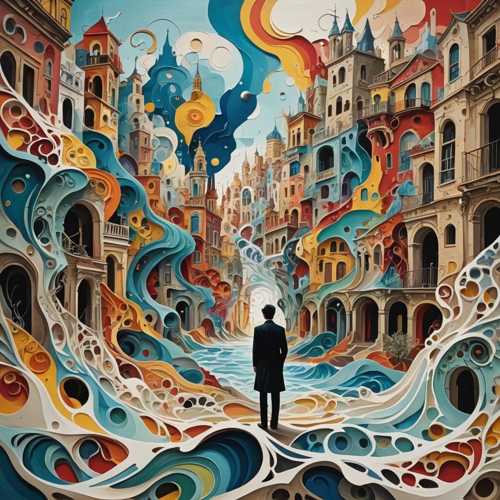 Surreal Figure Amidst Abstract Shapes and Architecture