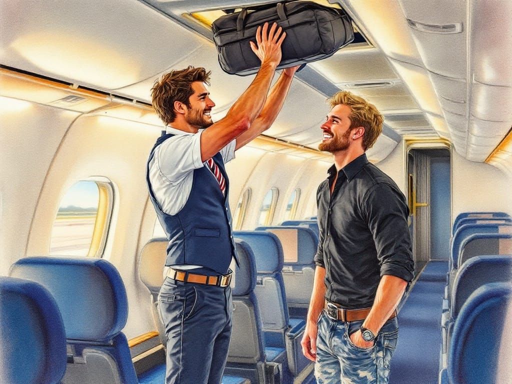 Warm Colored Pencil Drawing of Two Handsome Men on a Flight