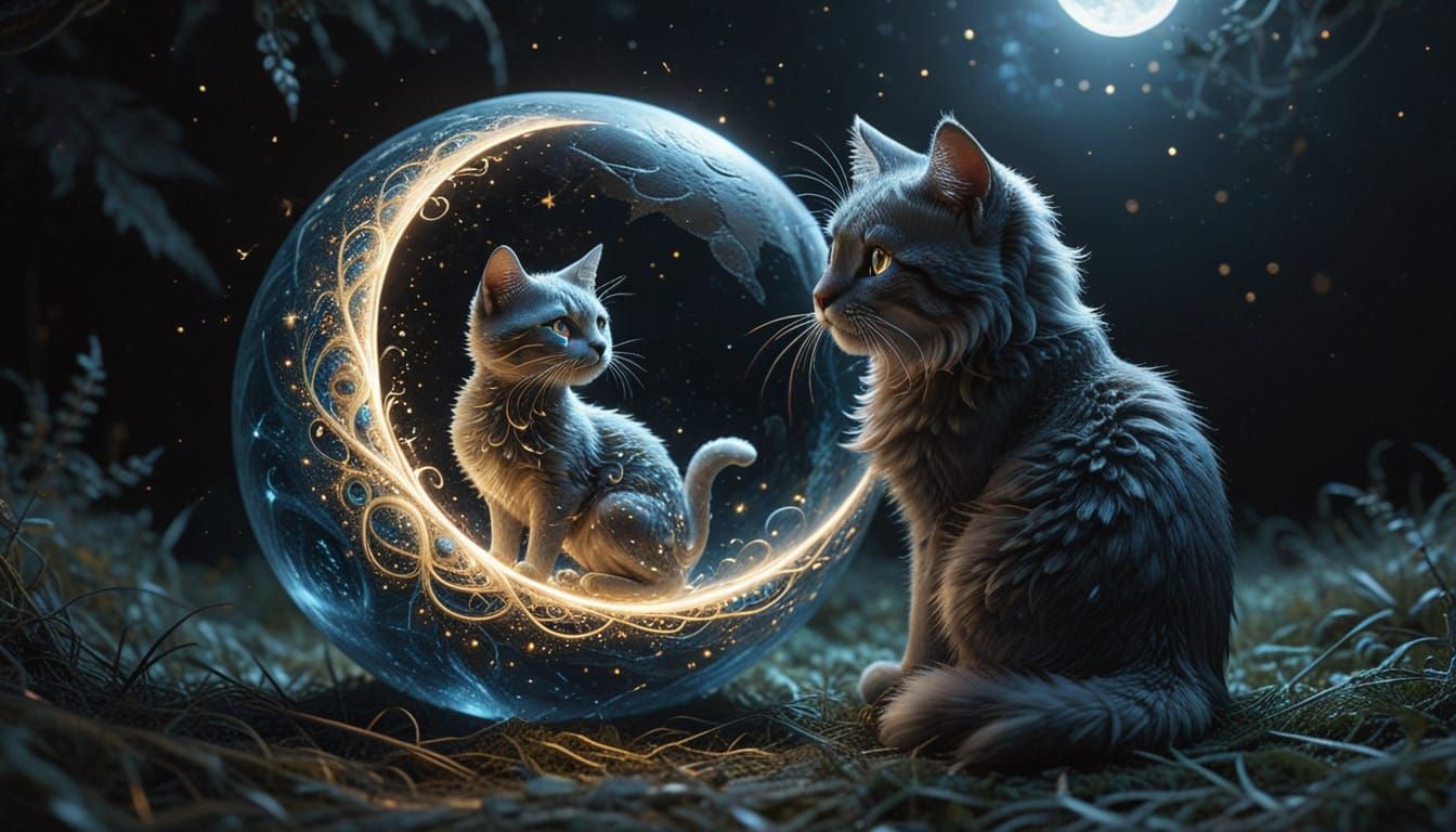Celestial Moon Held by Talking Cat in Dreamlike Haze