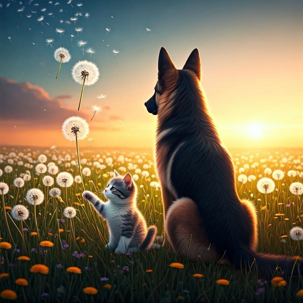 Whimsical Friends in a Vibrant Dandelion Meadow