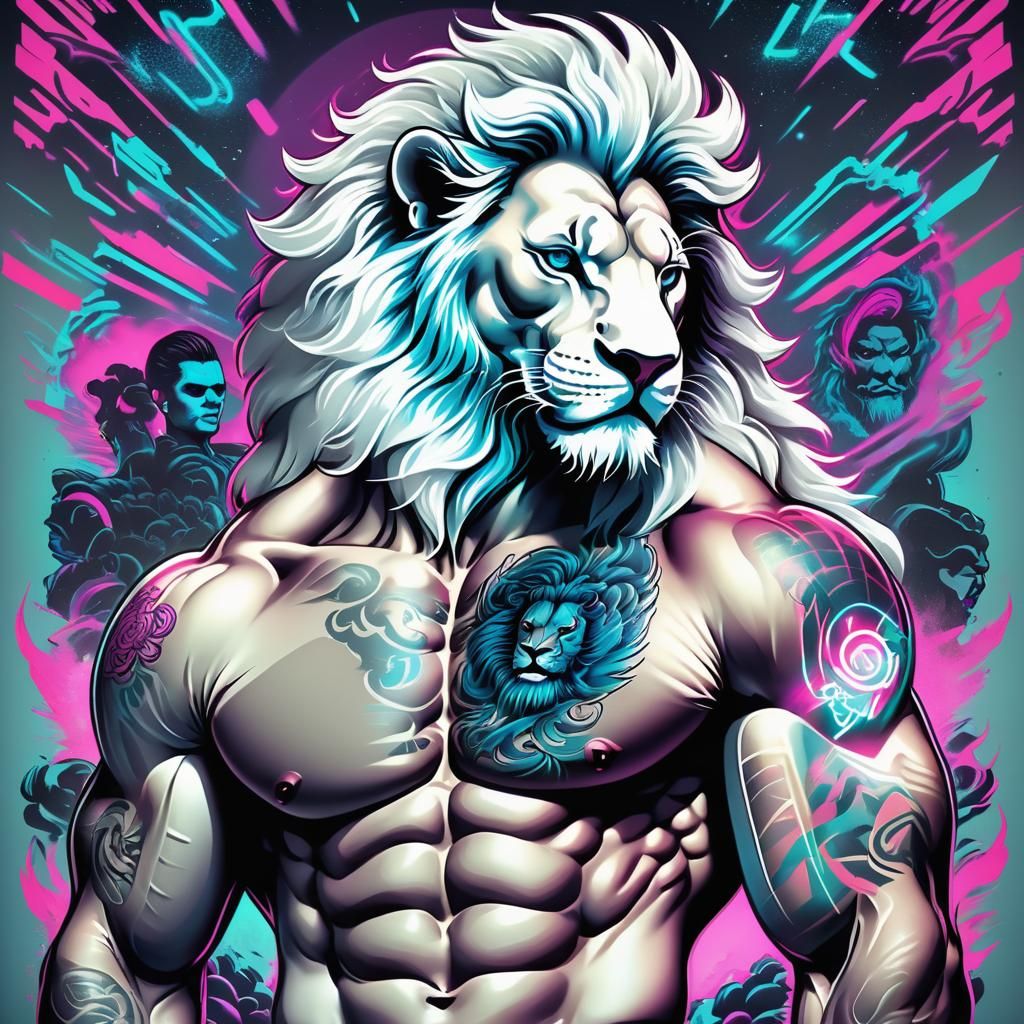 Yakuza Tattoo Bodybuilder with White Lion Head