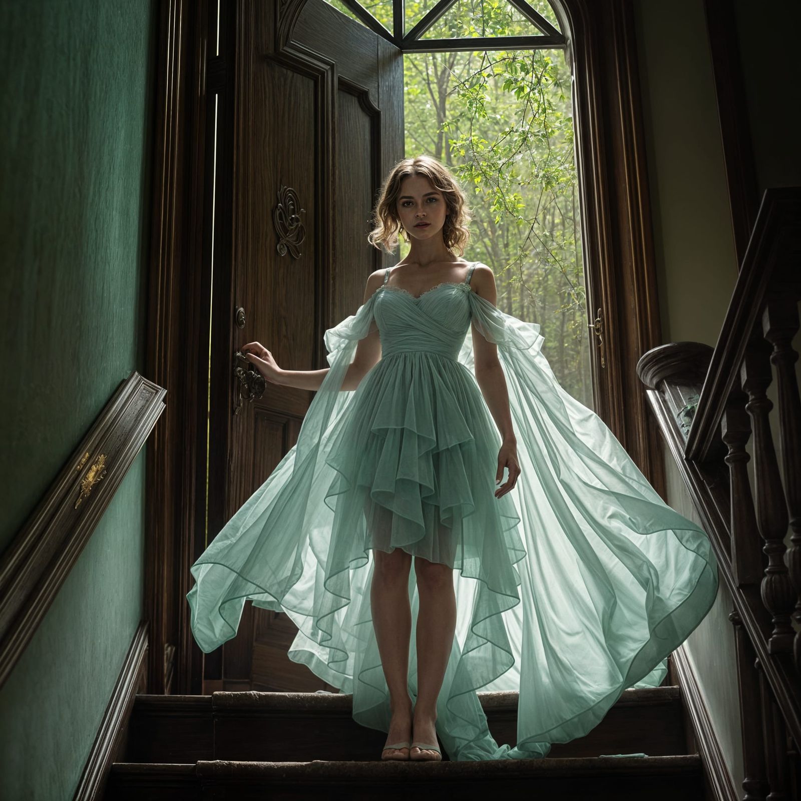 Woman in Lace Dress Opens Door, Photorealistic Art