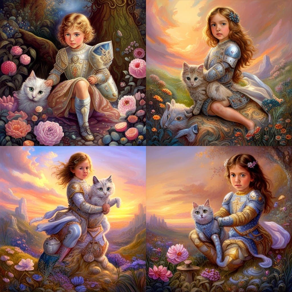 Adorable Girl Knight Riding a Fluffy Cat