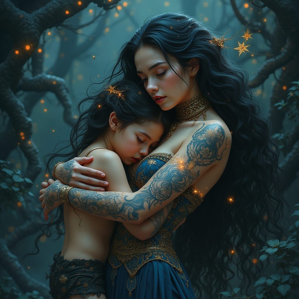 Mystical Embrace: Mother and Child in Fantasy Art Style