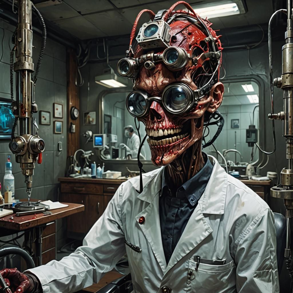 Terrifying Dentist Screaming in Retrofuturistic Lab