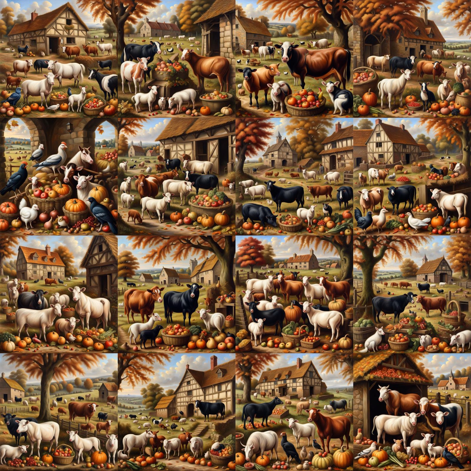 Medieval Farm Animals Enjoying Autumn Harvest