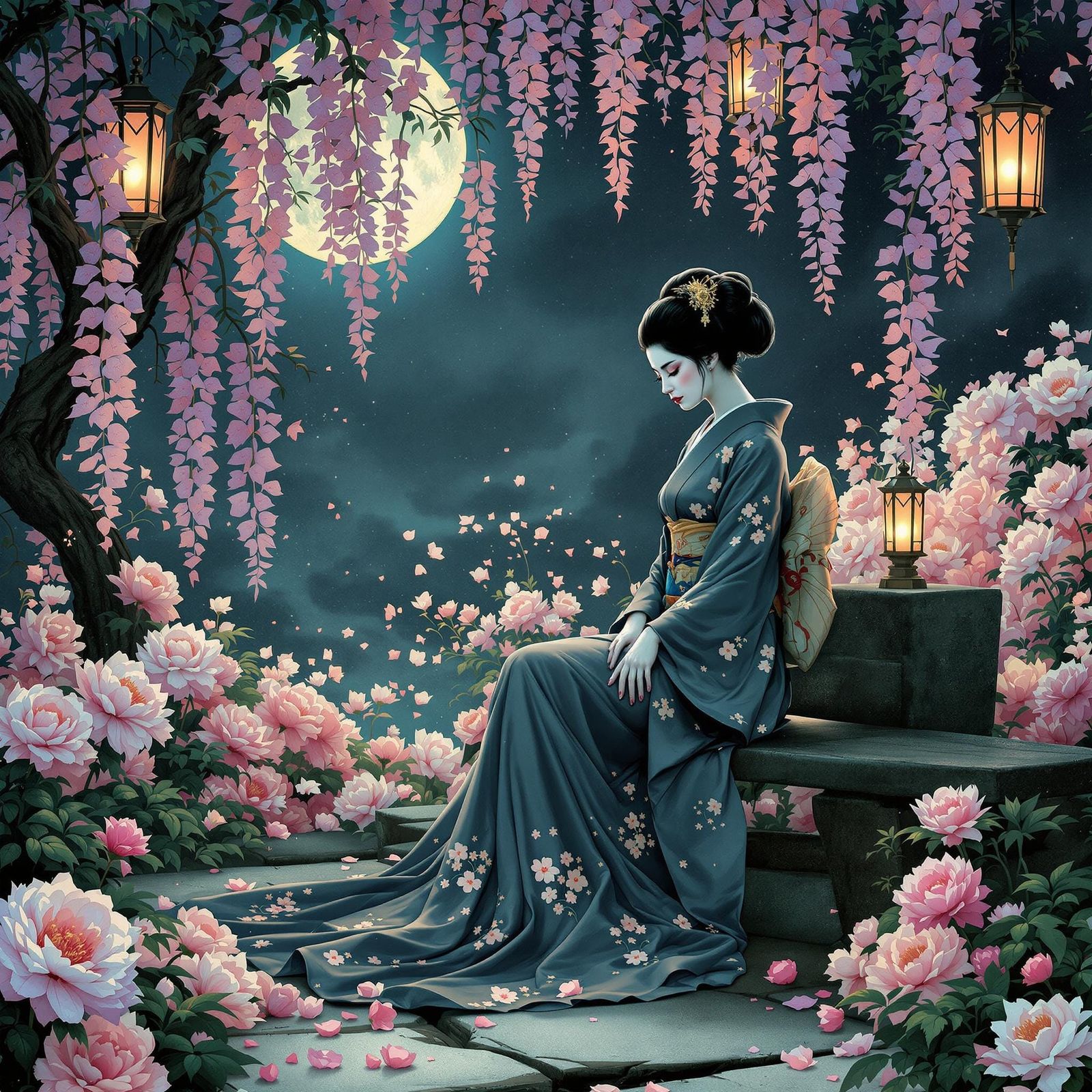 Geisha in Moonlit Garden: Symbolist Art Nouveau