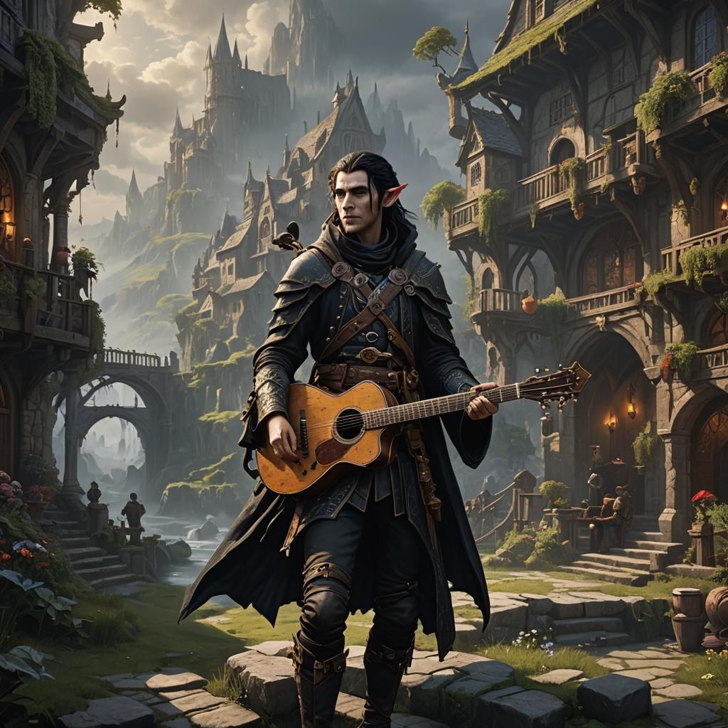 Emo Goth Elf Bard in a Digital Painting
