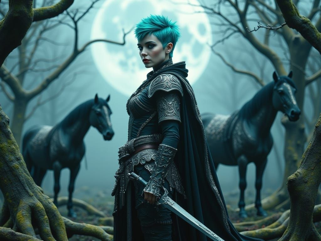 Gothic Female Warrior in Dark, Mystical Landscape