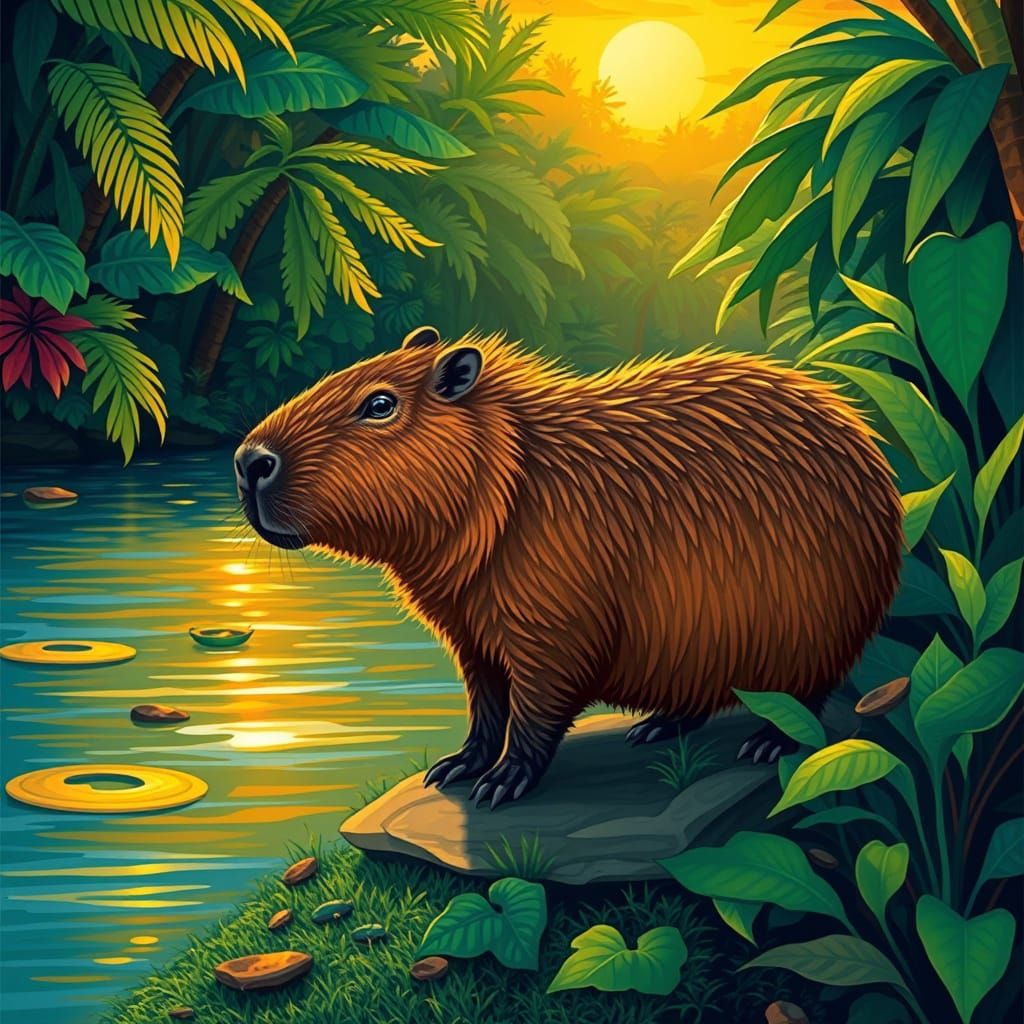 Surreal Tropical Wildlife Scene in Vibrant Cubist Style