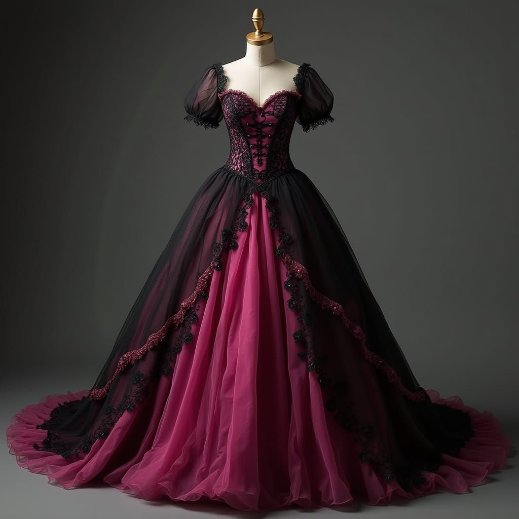 Gothic Wedding Dress in Black and Pink Hues