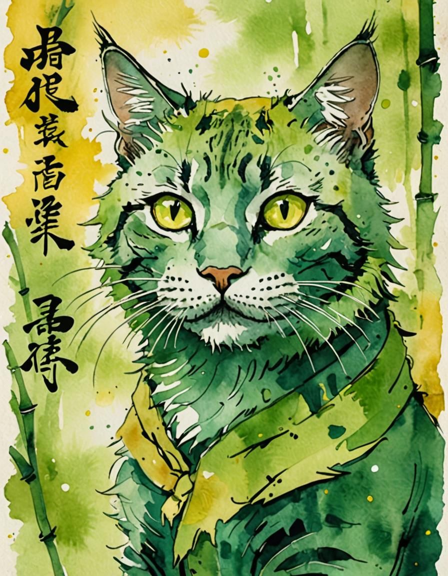 Cat Portrait with Chinese Calligraphy in Watercolor Style