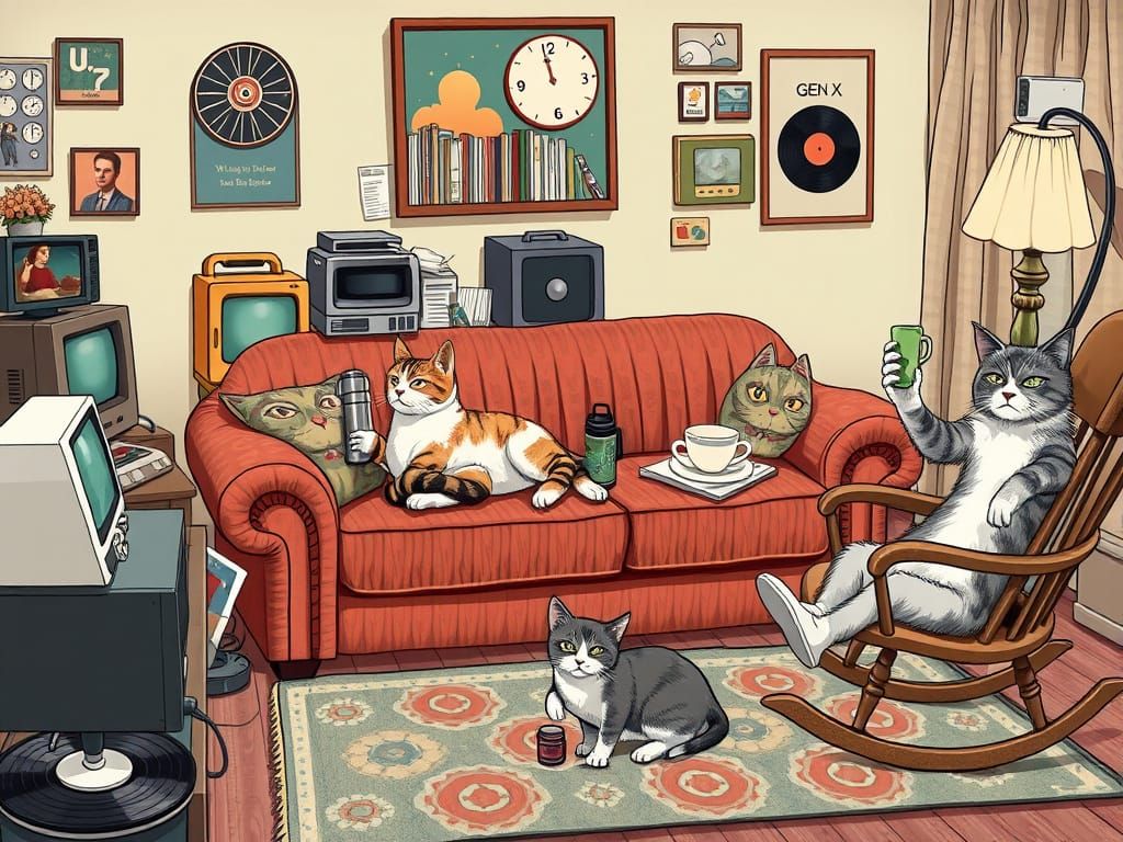 Cats Representing Generations in Retro Living Room