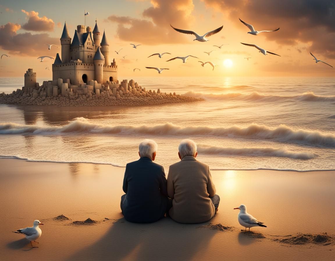 Peaceful Sunset Scene with Couple and Sandcastle