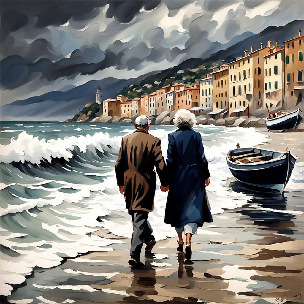 Italian Neorealist Couple Strolling on Ligurian Beach