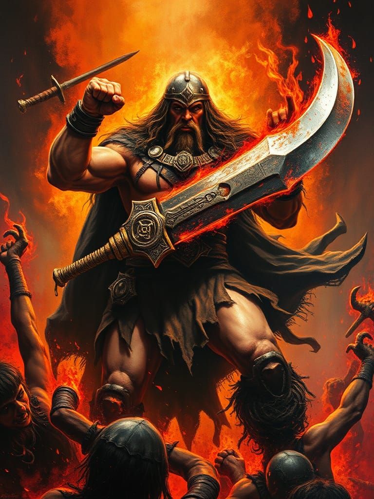 "Conan the defiler, exists/most intense brutal barbarian sword of hell, massive man, art of Illusion, kingdom
fire col...