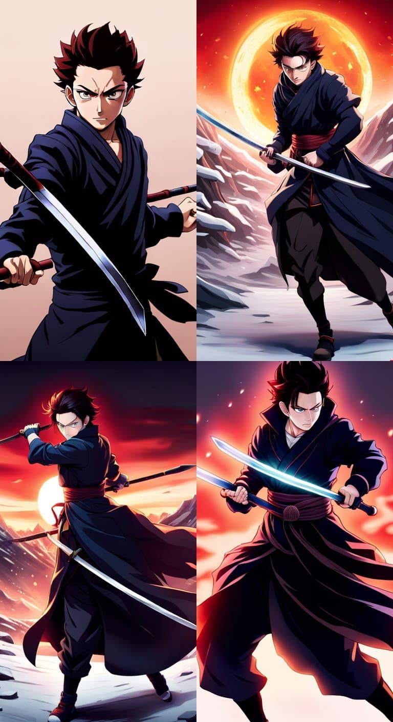 Tanjiro Kamado Battle Stance in Hyperrealistic Anime Style