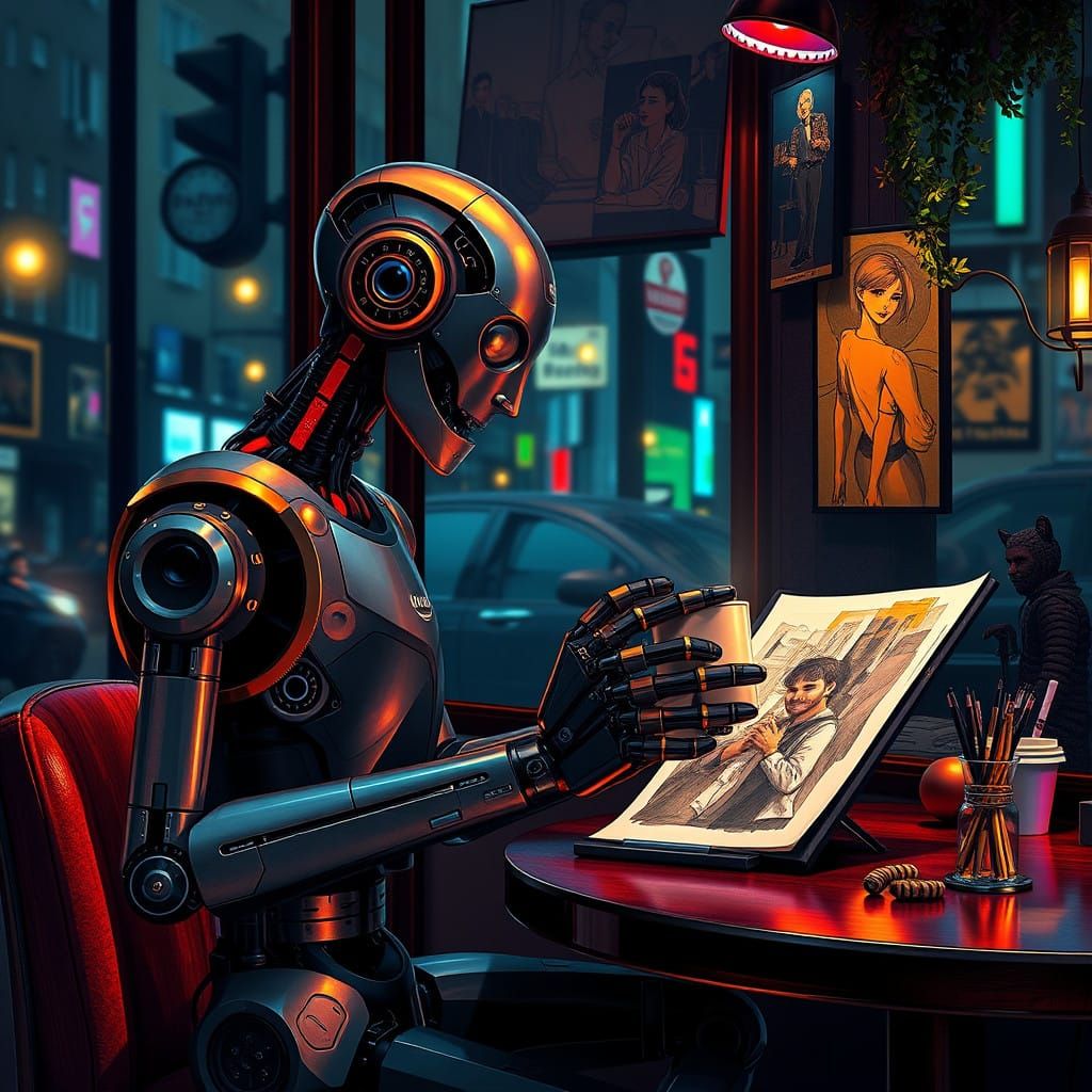 Stunning Digital Art of a Multiarmed Robot Sketching Scenes....