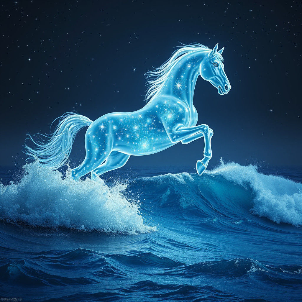 Ethereal Glass Horse Prancing in Starry Night Sky