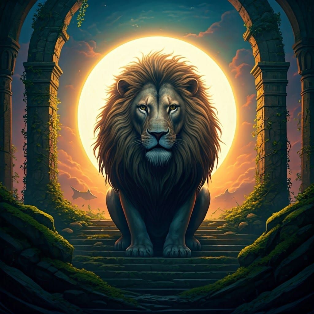 Regal Shark-Lion Hybrid in Ancient Ruin