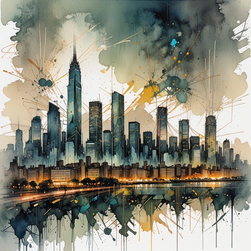 Dramatic Cityscape at Dawn in Vibrant Watercolour Style