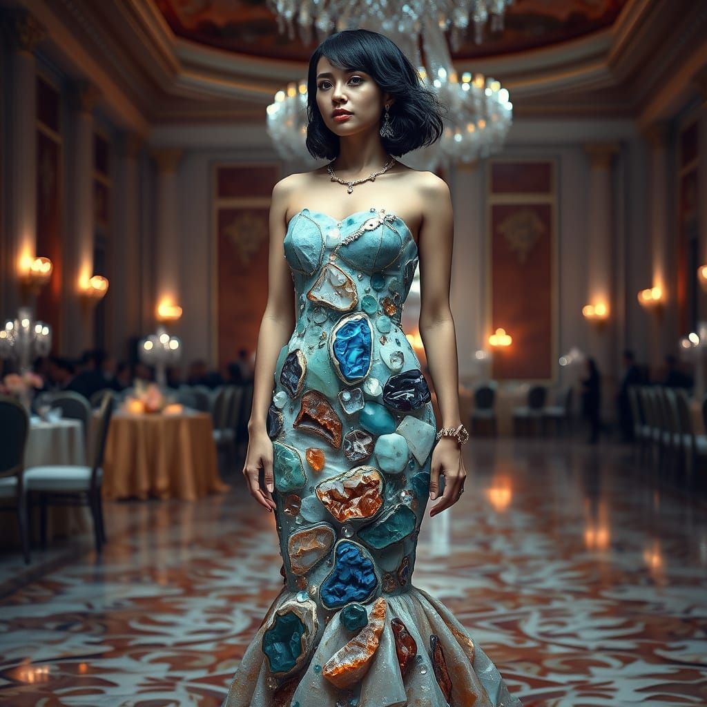 Woman in Crystal Geode Mermaid Dress in Hyperrealistic Style