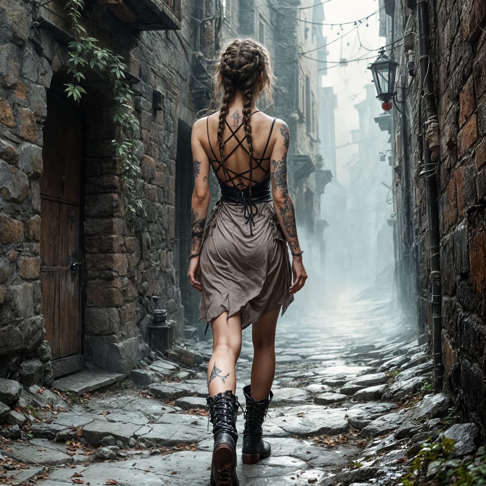 Misty Morning Fantasy Wench in Grimy Alleyway