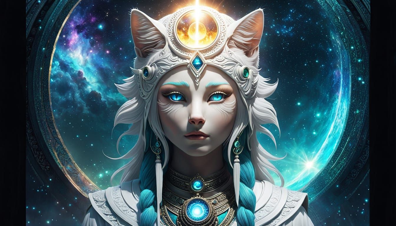 Mystical White Galaxy Cat with Third Eye