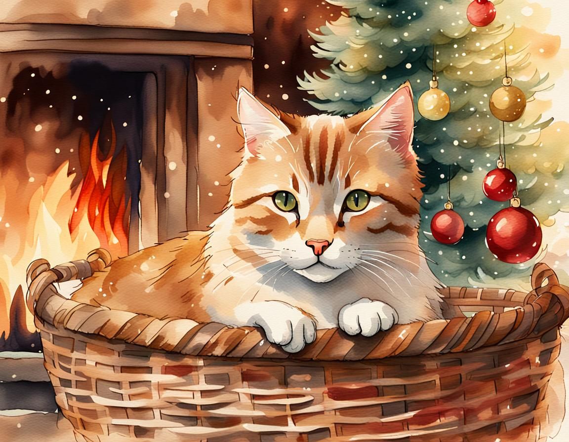 Cozy Cat Portrait by Christmas Tree in Watercolor