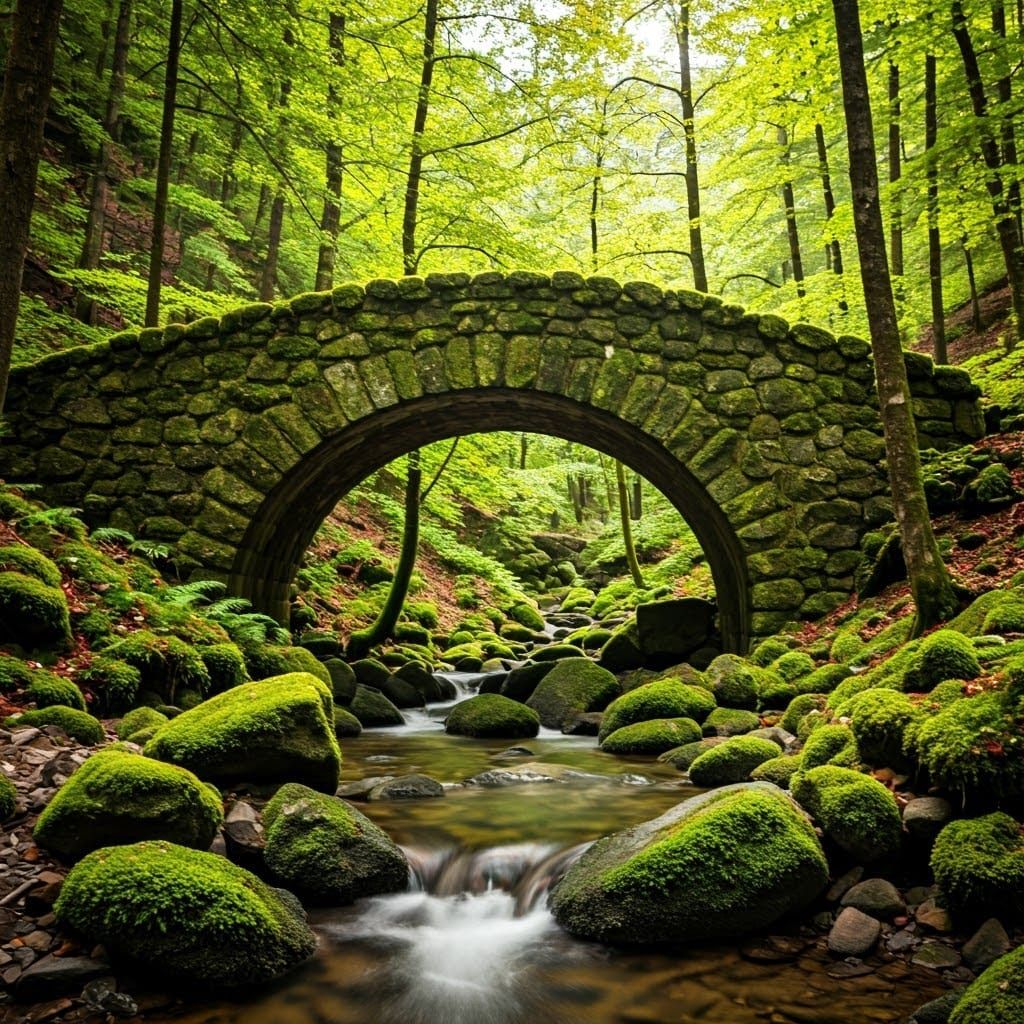 Ancient Stone Bridge in Lush Forest Landscape