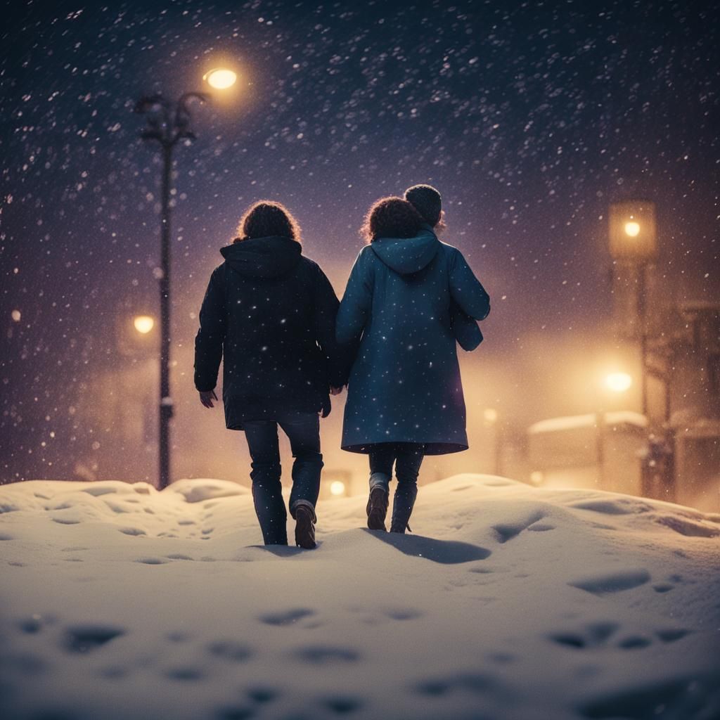 Romantic Night Scene with Stars and Snow