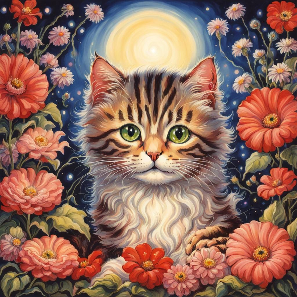 Fantasy Artist Josh Kirby Inspired Cute Cat in Whimsical Gar...