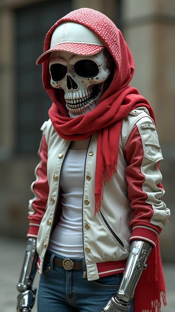 Cyborg Orangutan in Polkadot Attire, Wearing Mecha Skull Mas...