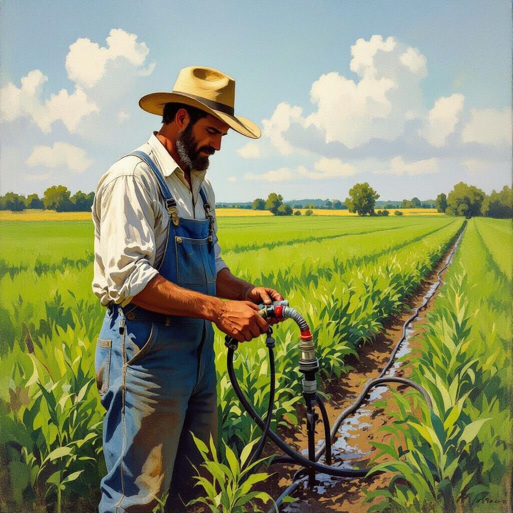 Farmer Injecting Fertilizer in Lush Green Field