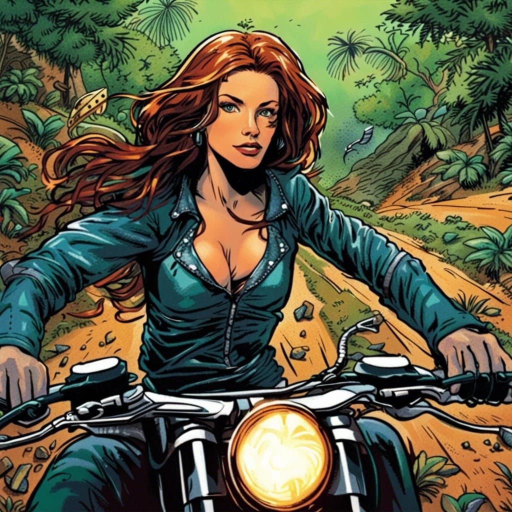 Woman on Motorcycle in Forest, Comic-Book Style