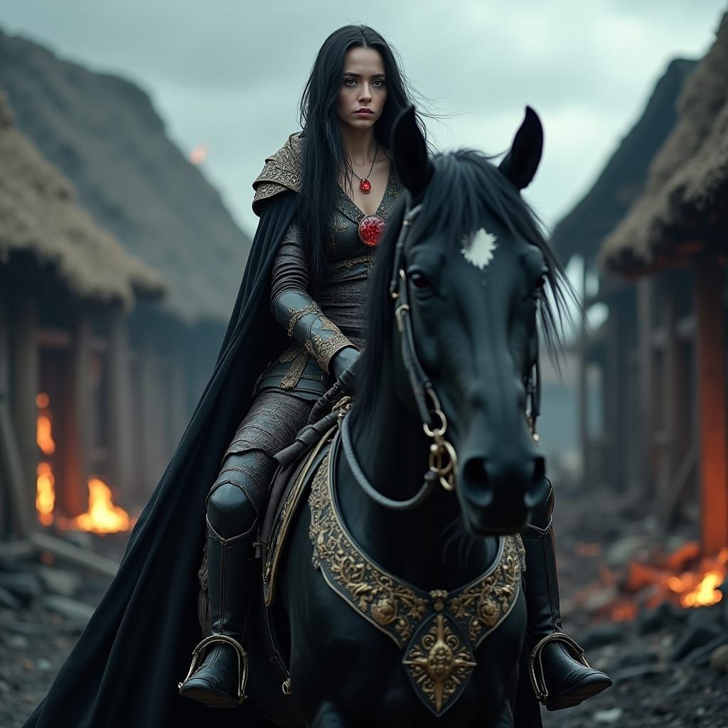 Sorceress Rides Warhorse Through Burned Village