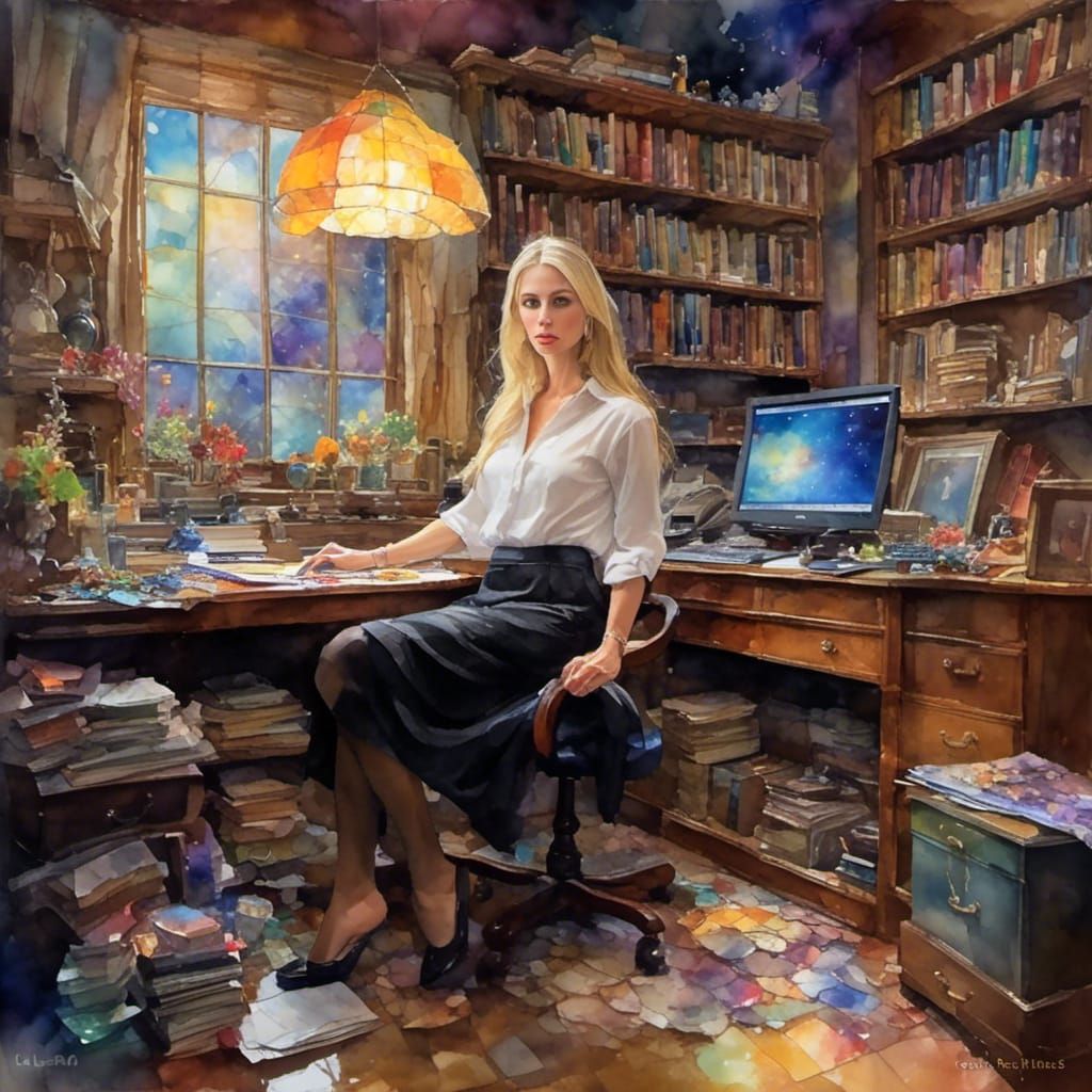 Realistic Portrait of Woman in Office, Acrylic Painting