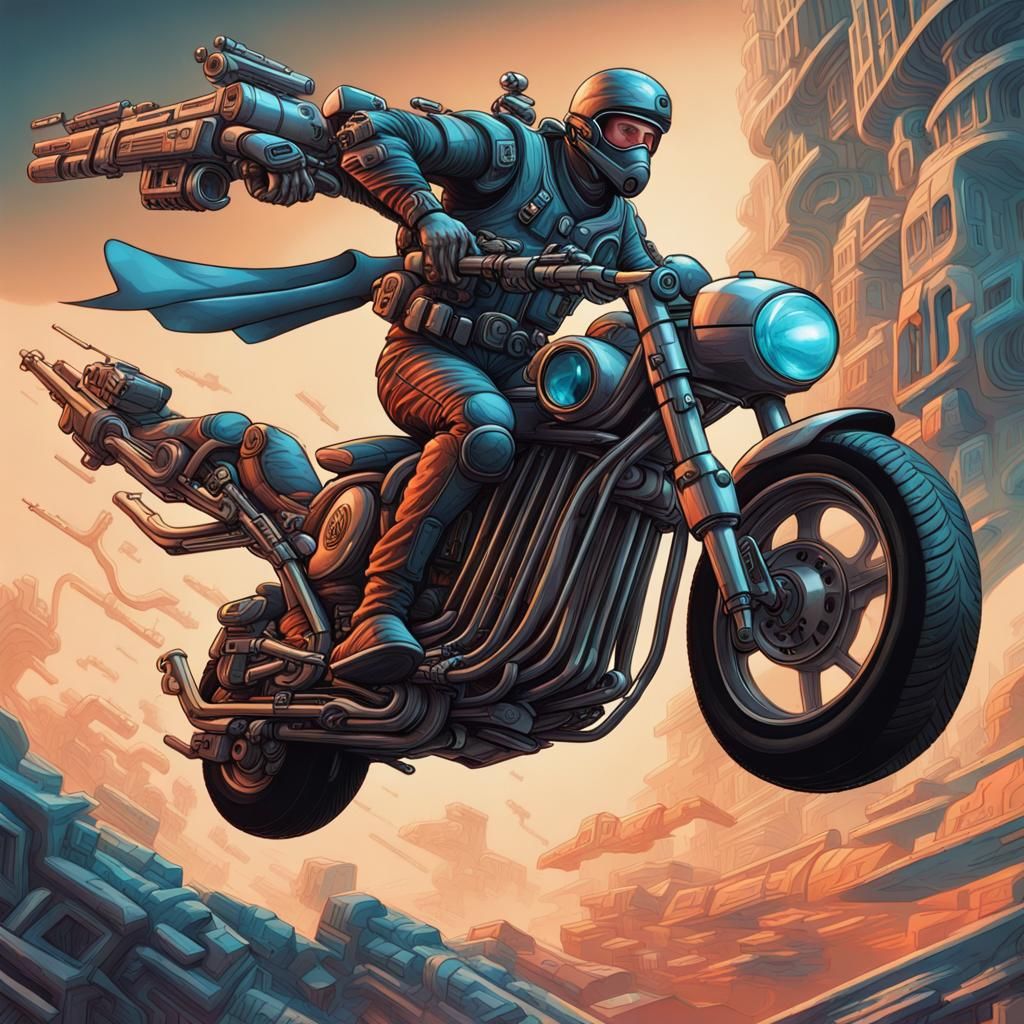 Futuristic Soldier on Flying Motorbike in Biomechanical Styl...