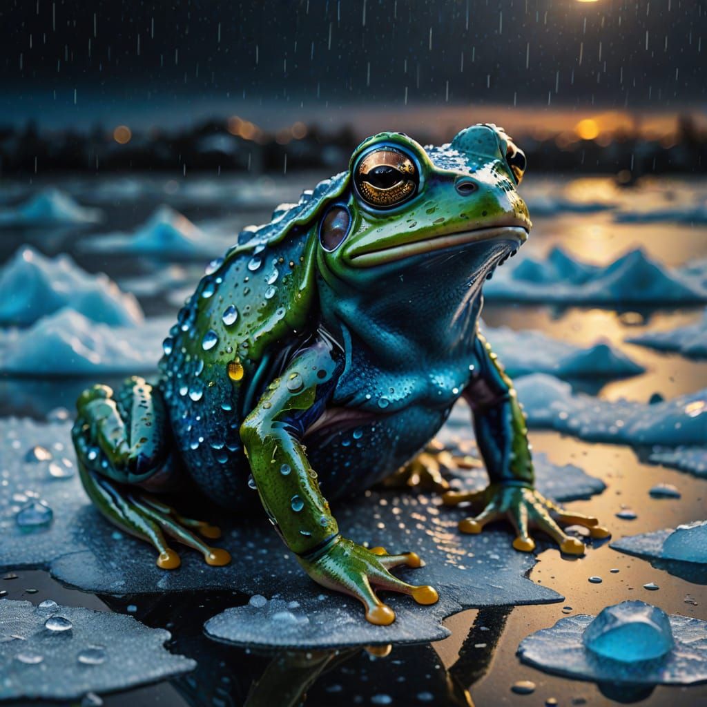 Surreal Frog on Ice: Vibrant Oil Painting