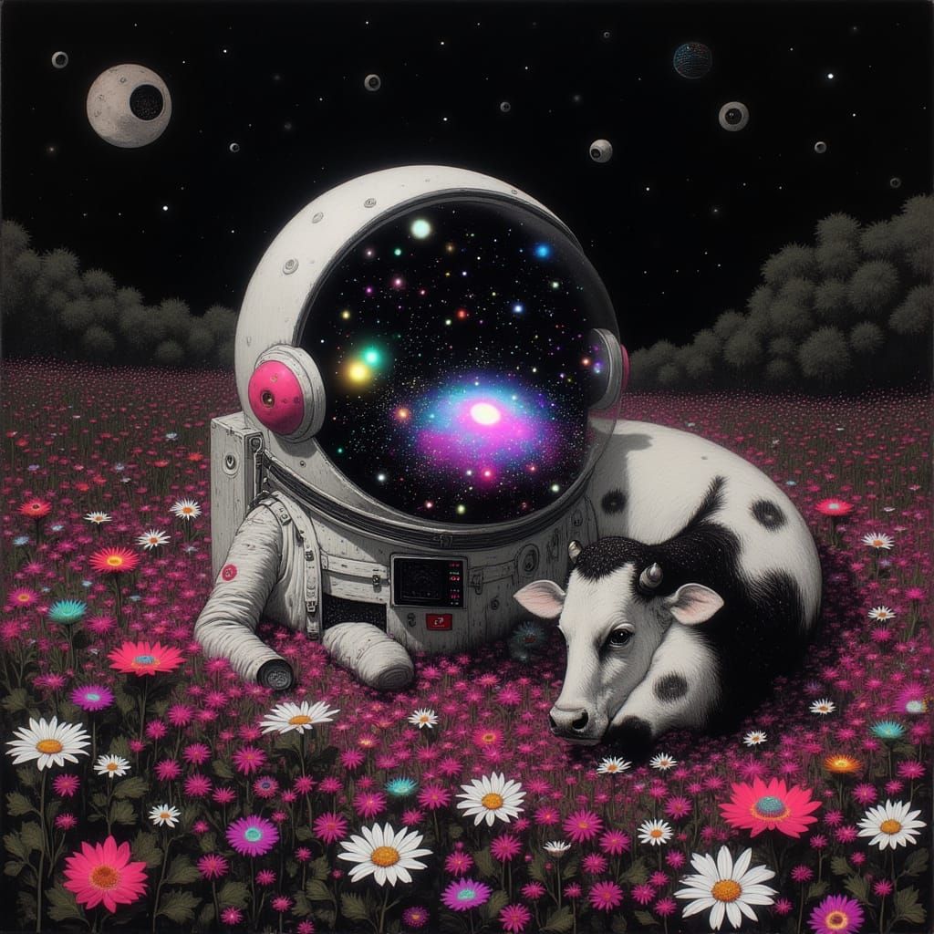 Astronaut Cow in Vibrant Floral Garden with Neon Cosmos