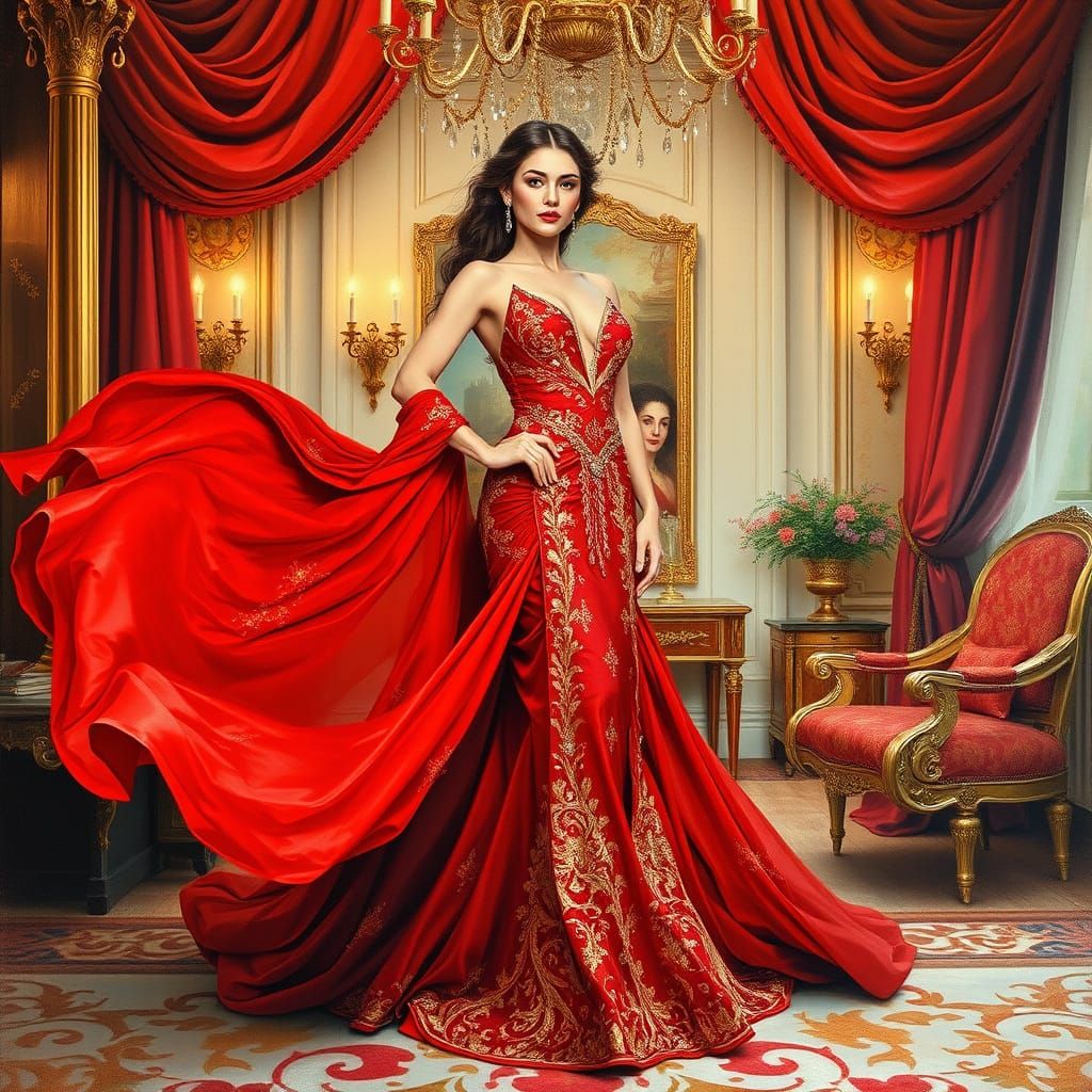 Elegant Woman in Red Gown: An Impressionist Portrait