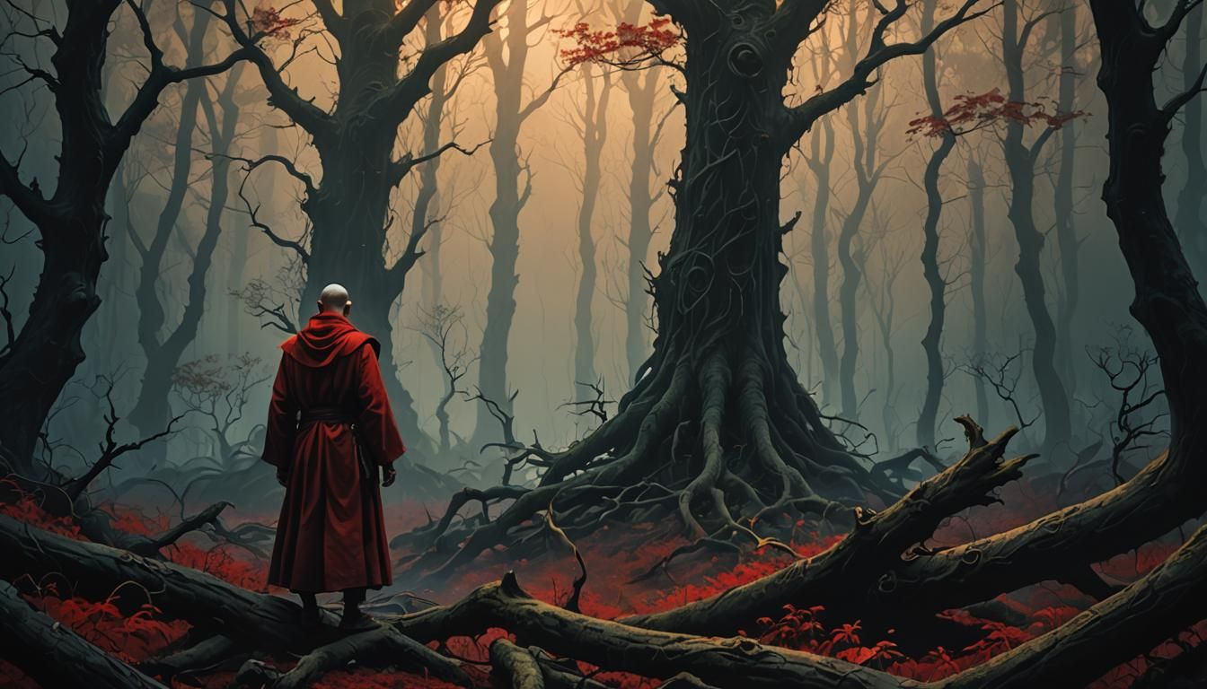 Red-Robed Monk in Dark Fantasy Forest