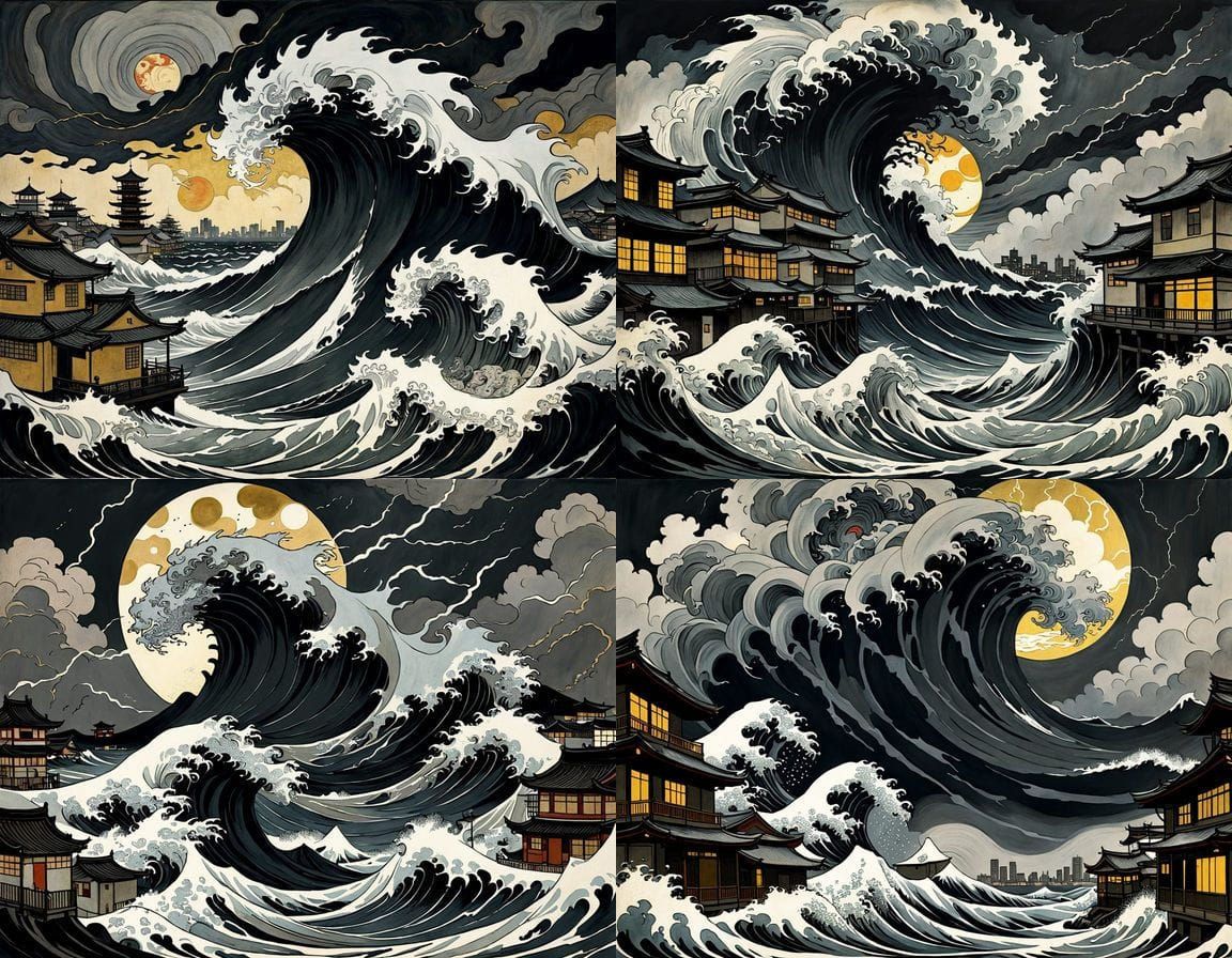 Surreal Ukiyo-e Typhoon Crashing on City