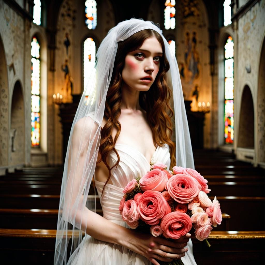 Surreal Goth Bride Weeping in Church Illustration
