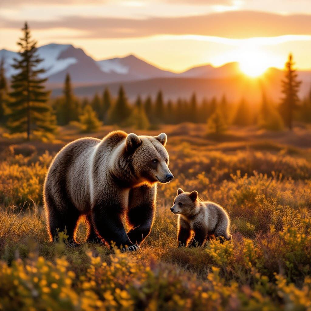 Brown Bear Mother and Cubs in Lapland Wilderness